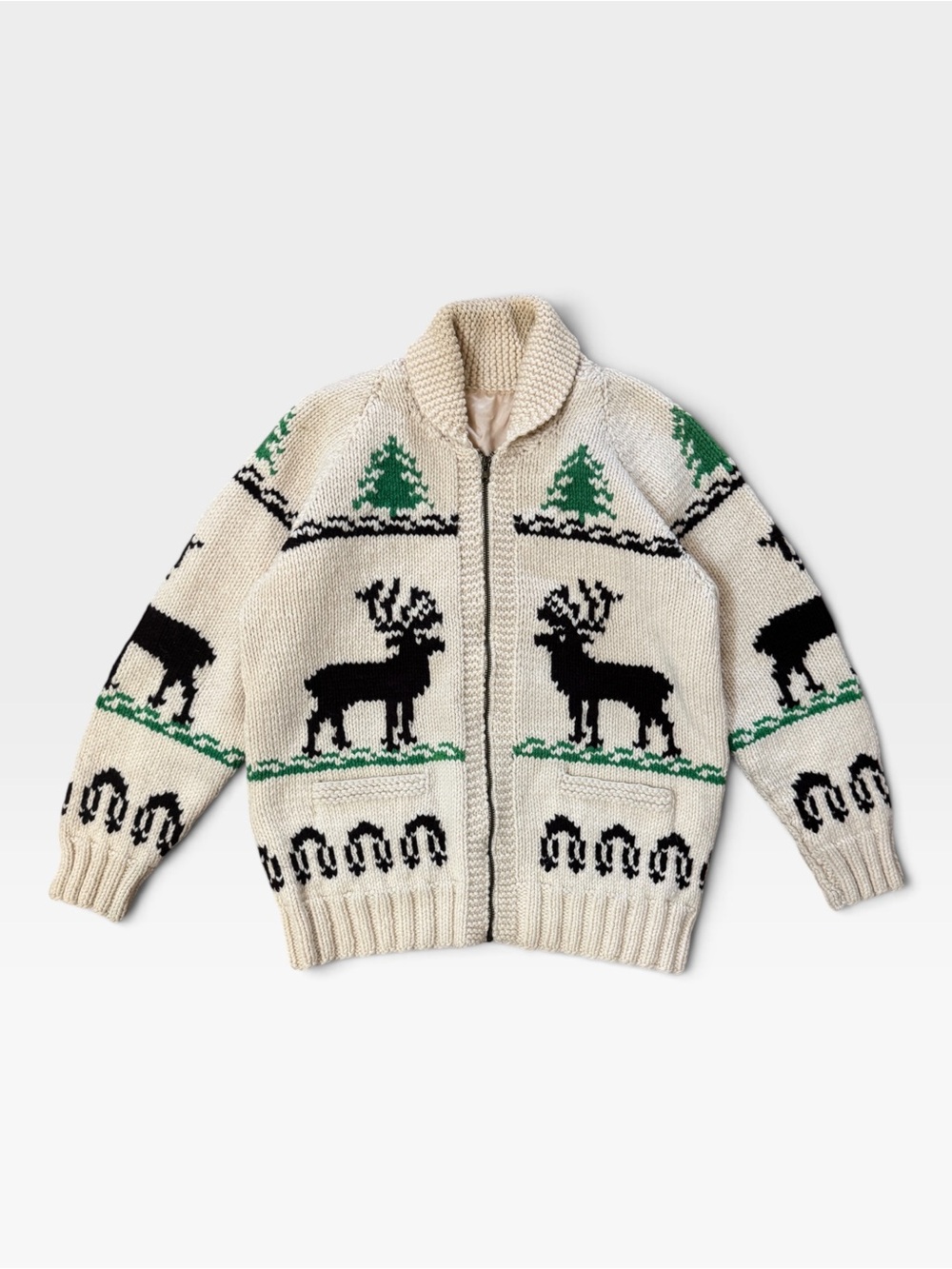 VTG Handmade Cowichan Outdoor Animal Scene Hand Knit Wool Zip Up Sweater Sz XL
